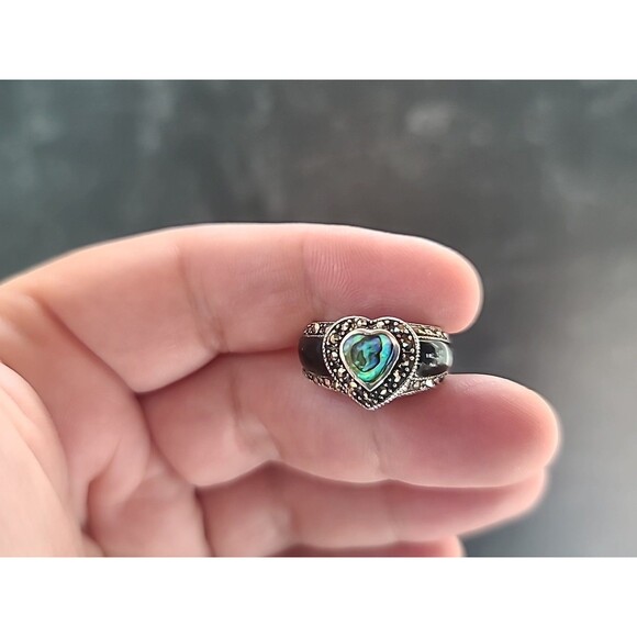 925 Sterling Abalone Shell Marcasite & Enamel Statement Ring, Size US 4.75 - Picture 2 of 10